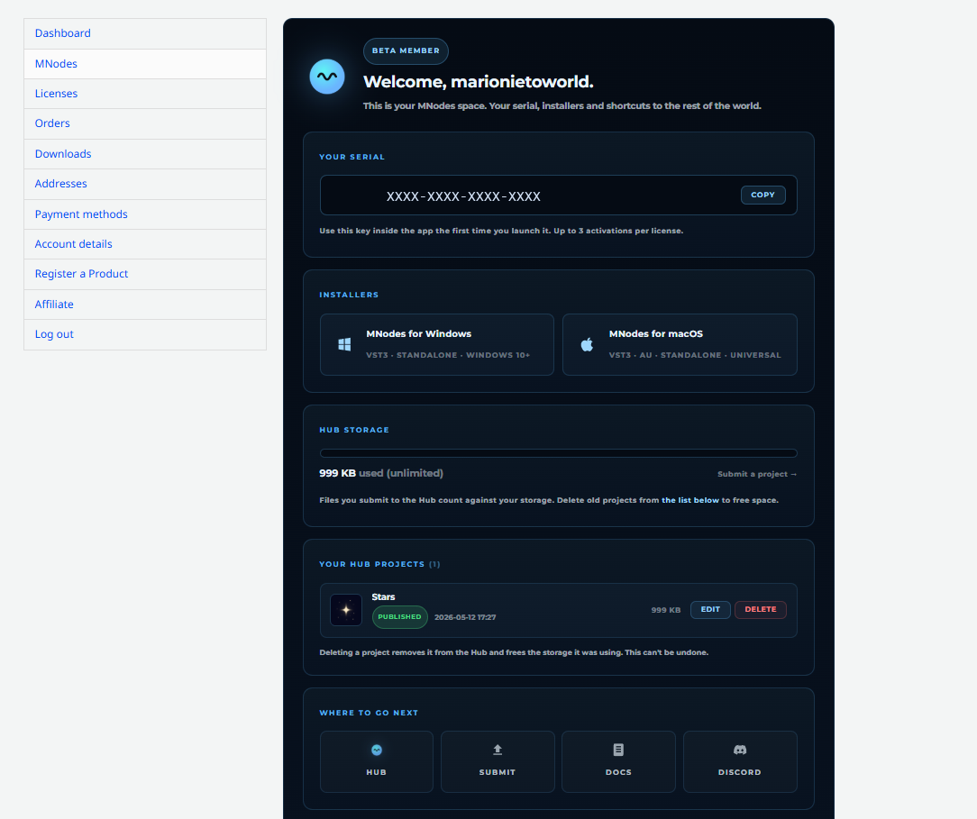 MNodes account overview