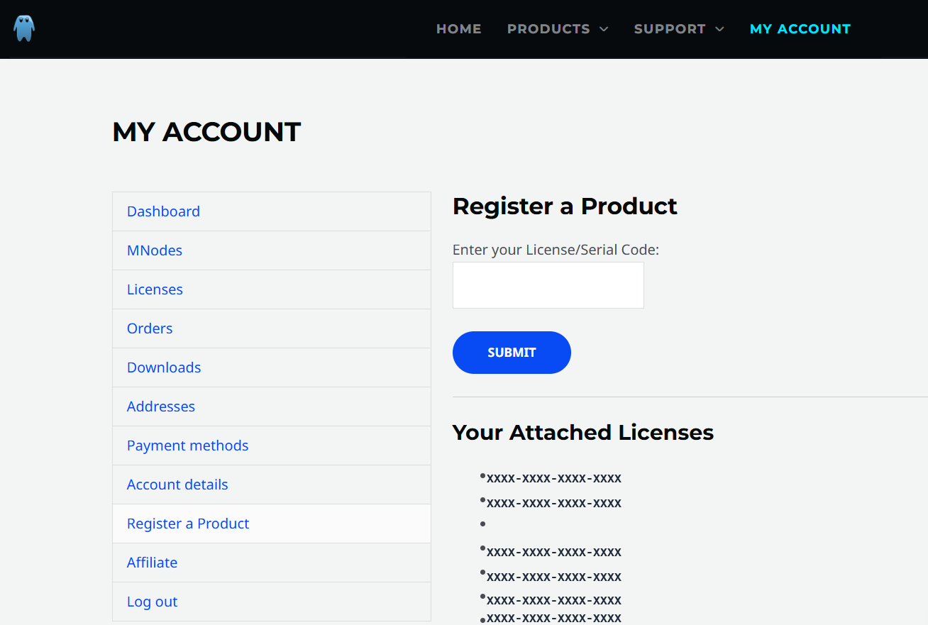 Register a Product form