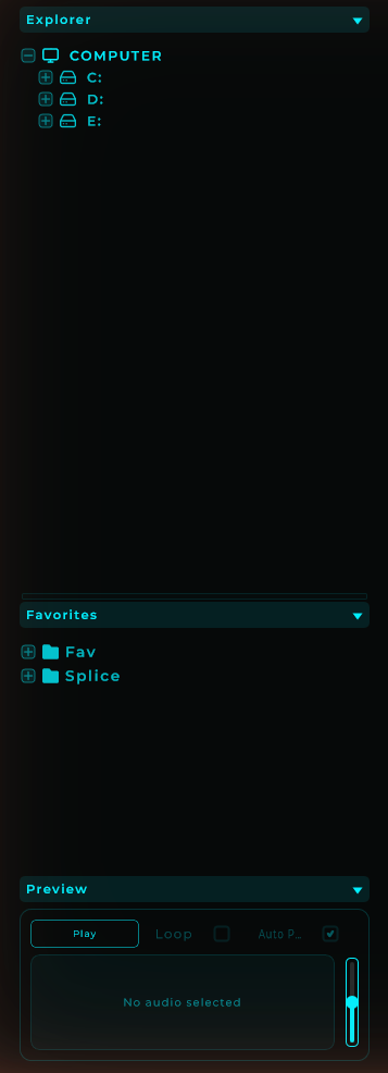 Explorer Panel showing the Files tab: file browser, favourites and audio preview