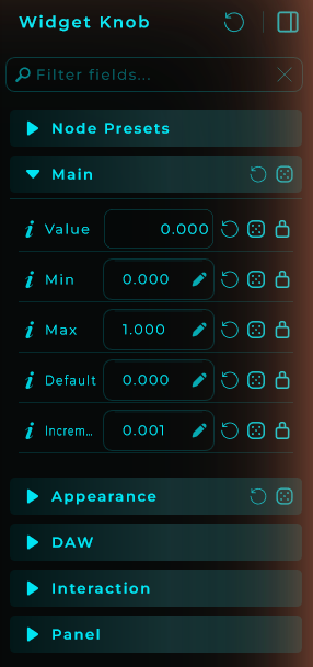 Inspector showing the parameters of a Widget Knob, with lock icons and randomize dice