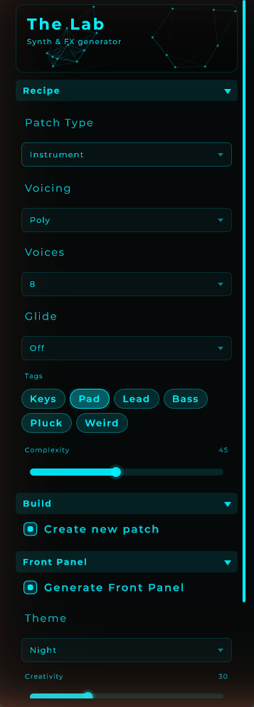The Lab panel in Instrument mode