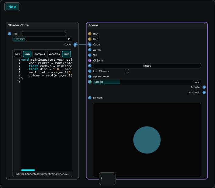 Shader Code connects to Scene Code; Amount is now an output
