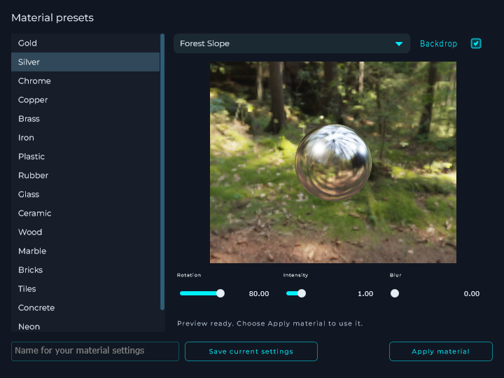 The material browser with a lit preview