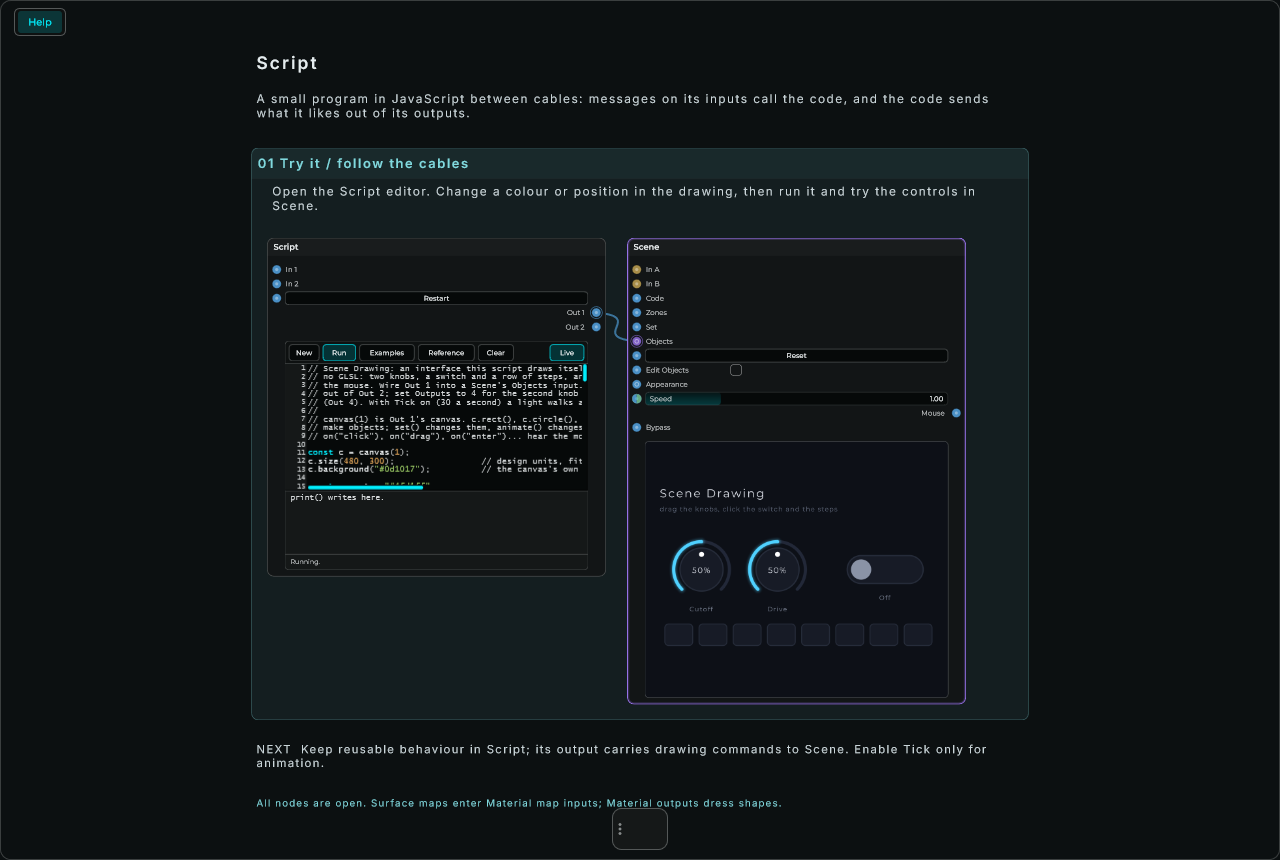 Script connected to Scene in a complete Help example