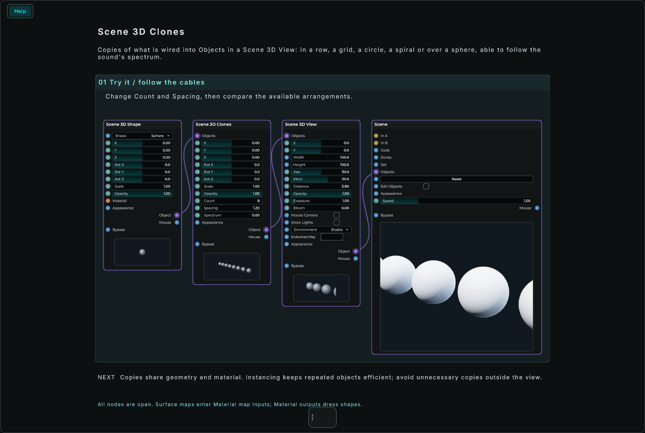 Scene 3D Clones: complete connected Help example