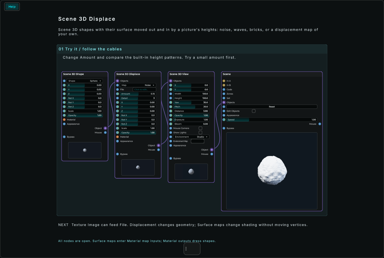 Scene 3D Displace: complete connected Help example