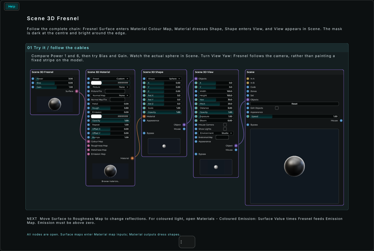 Scene 3D Fresnel: complete connected Help example