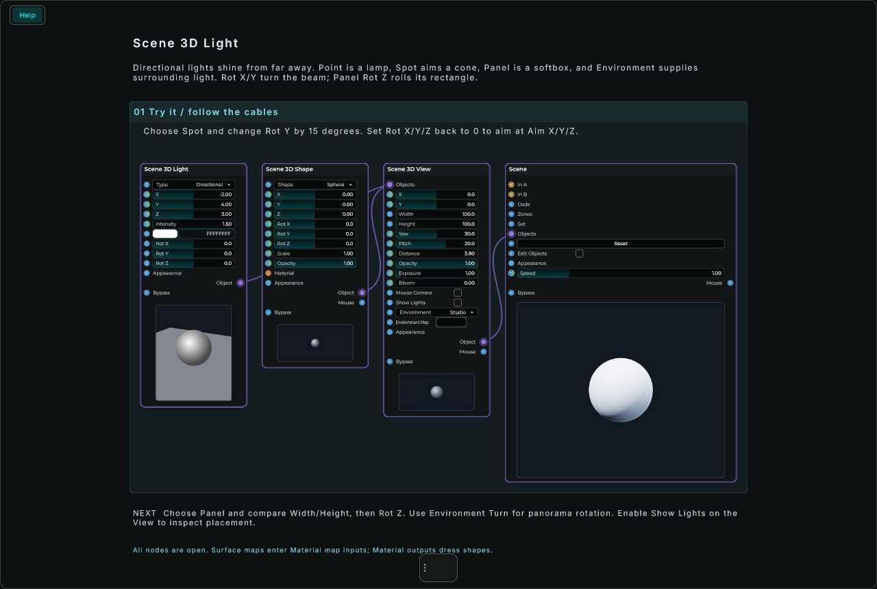 Scene 3D Light: complete connected Help example