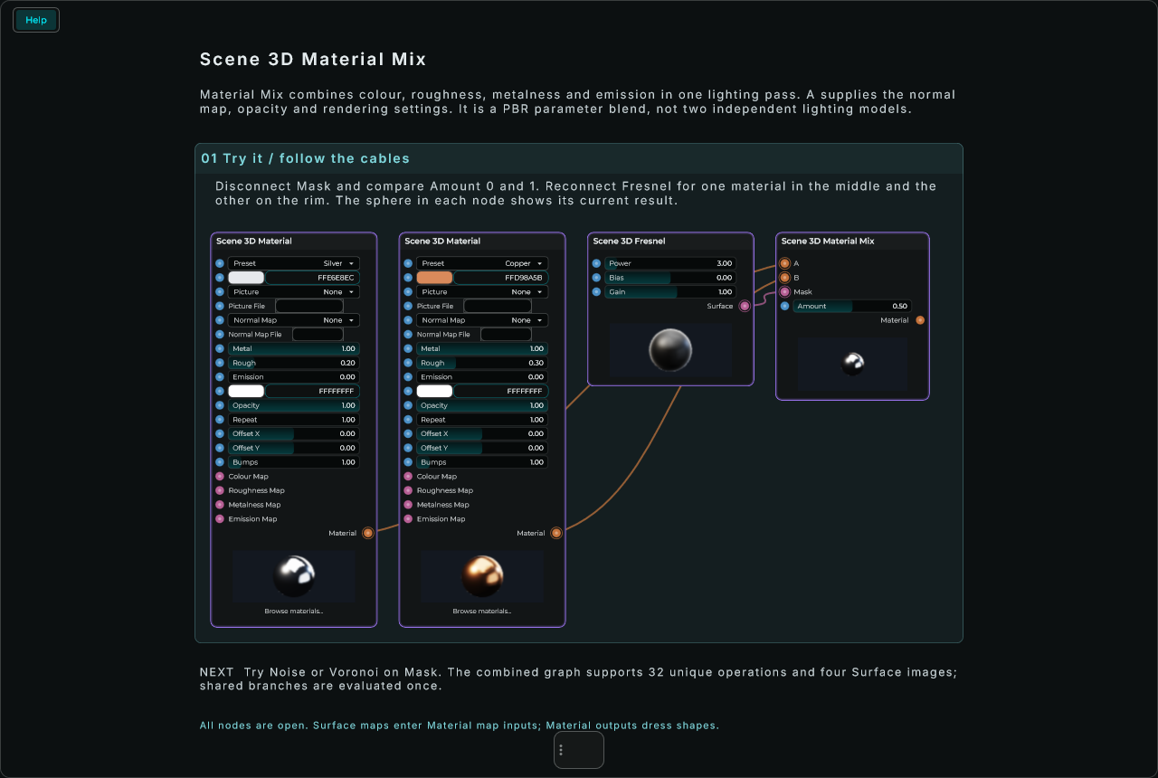Scene 3D Material Mix: complete connected Help example