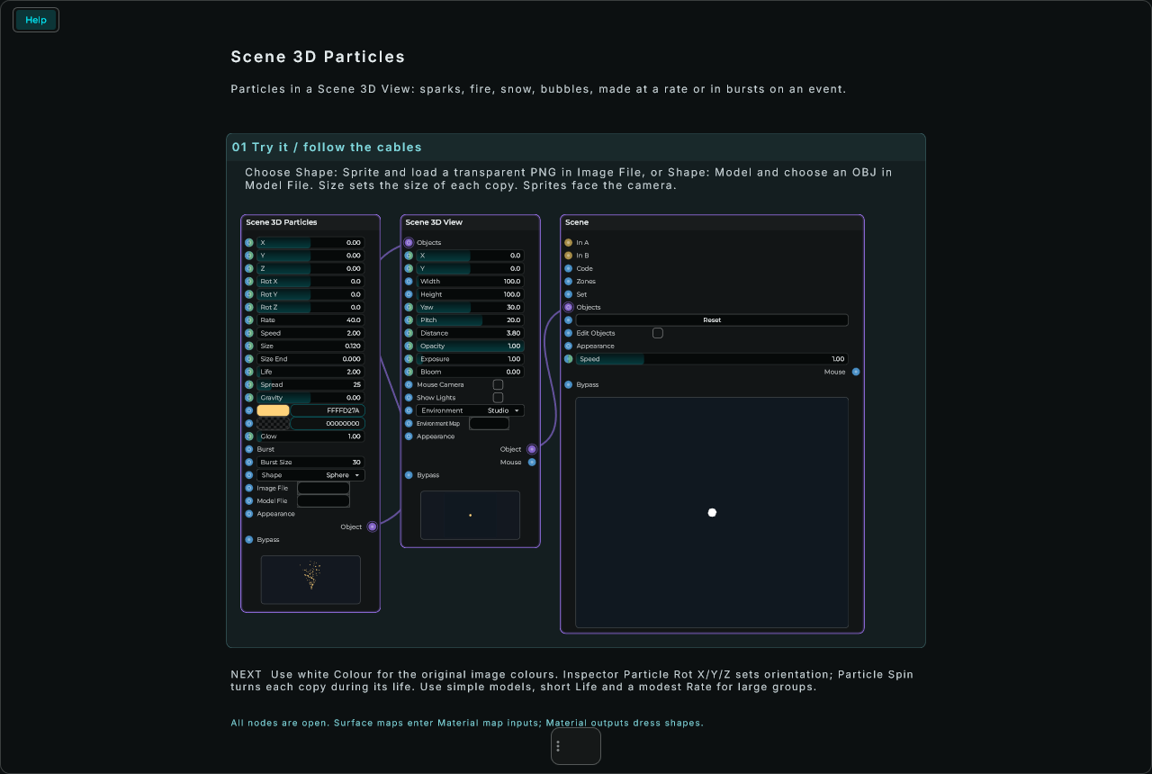 Scene 3D Particles: complete connected Help example