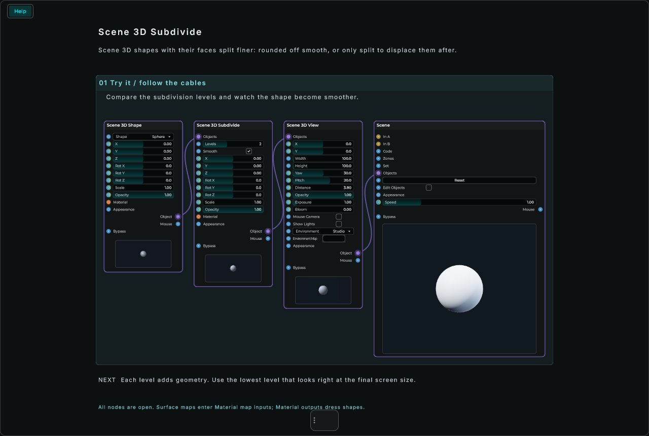 Scene 3D Subdivide: complete connected Help example