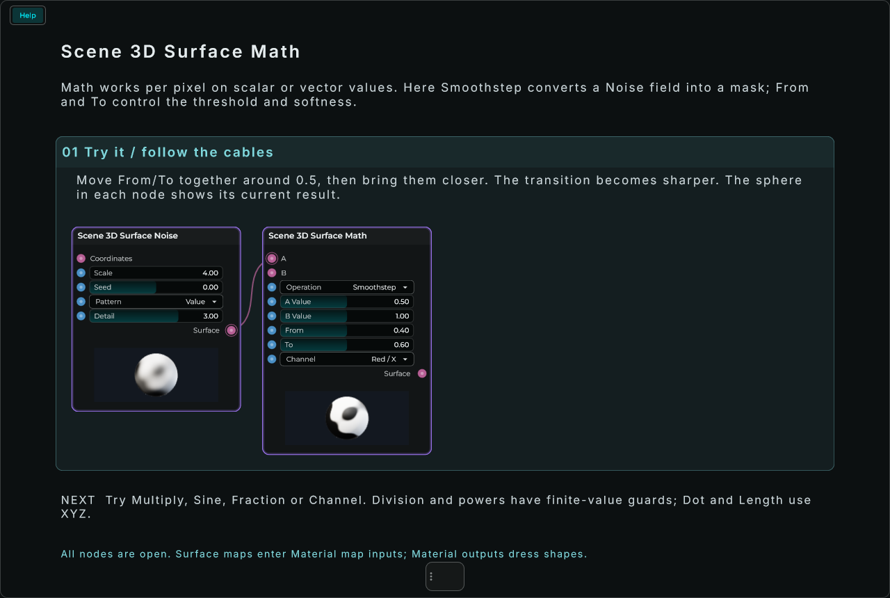 Scene 3D Surface Math: complete connected Help example