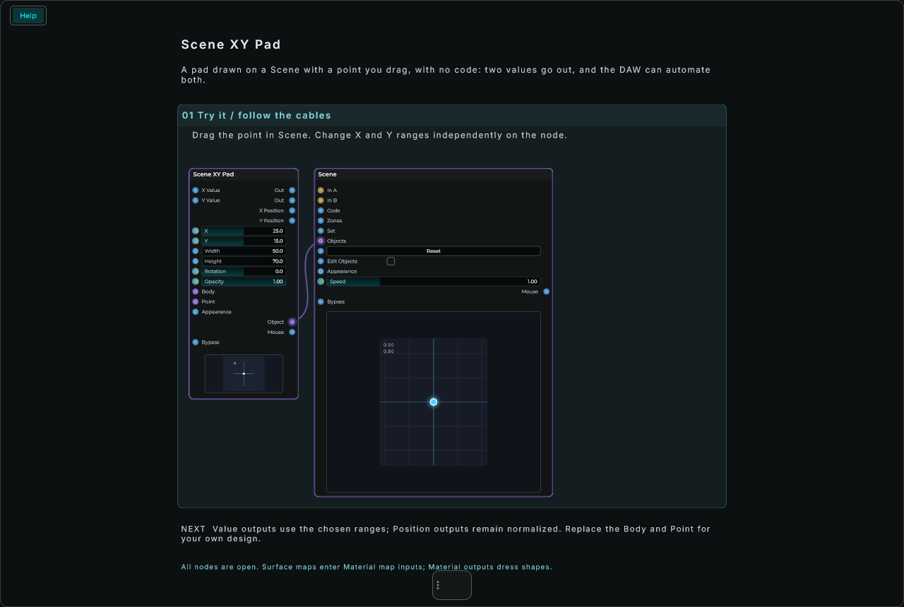 Scene XY Pad: complete connected Help example