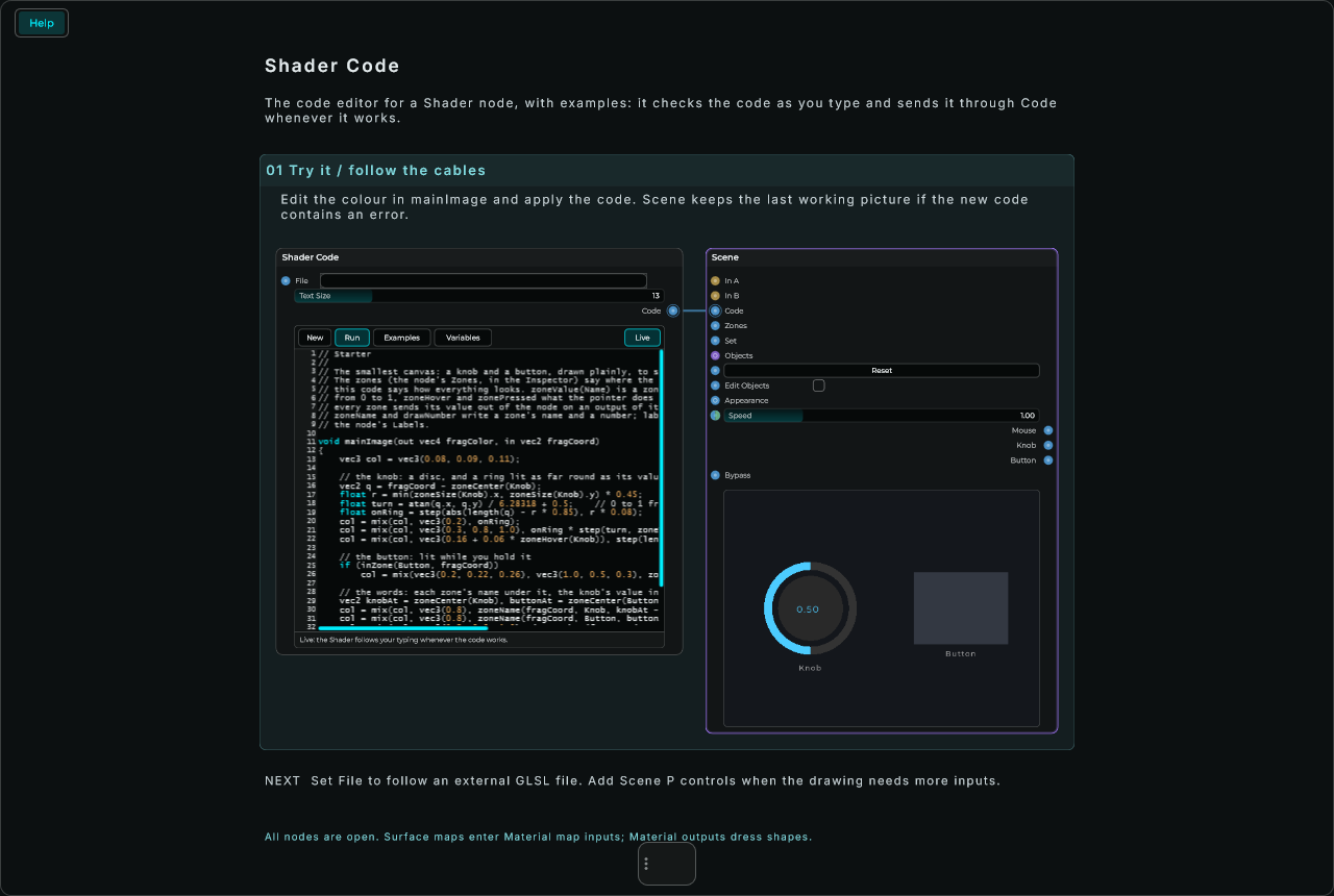 Shader Code connected to Scene in a complete Help example