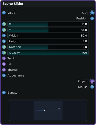 A Scene Slider node: inputs on the left, outputs on the right