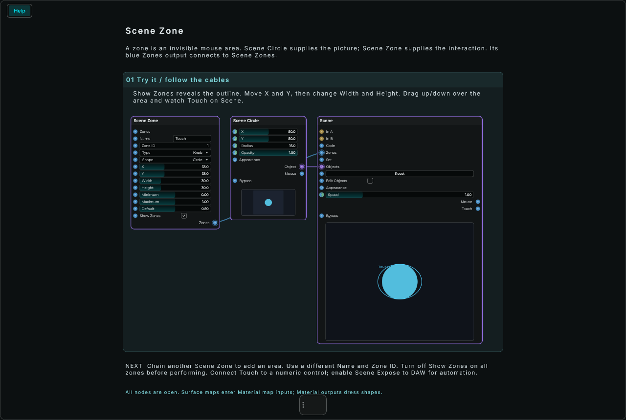 Scene Zone connected to a Scene, with a circle underneath the mouse area