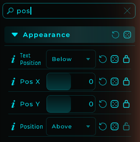 Inspector Appearance section showing the Pos X and Pos Y fields for a selected widget