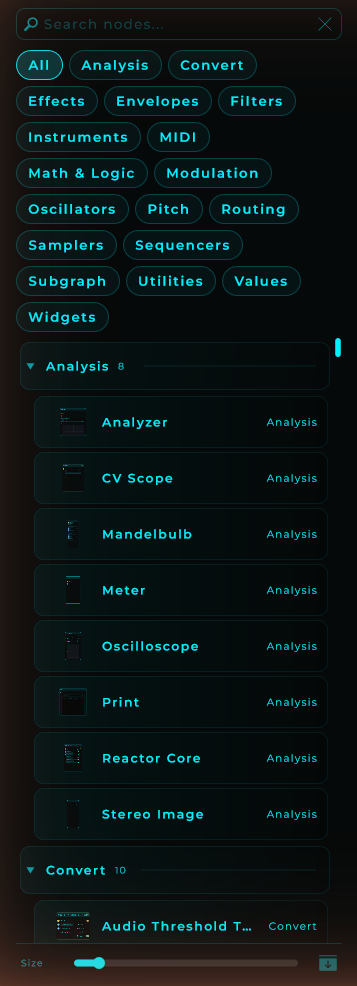 Node Explorer sidebar showing nodes grouped by category, each with a short description and thumbnail preview