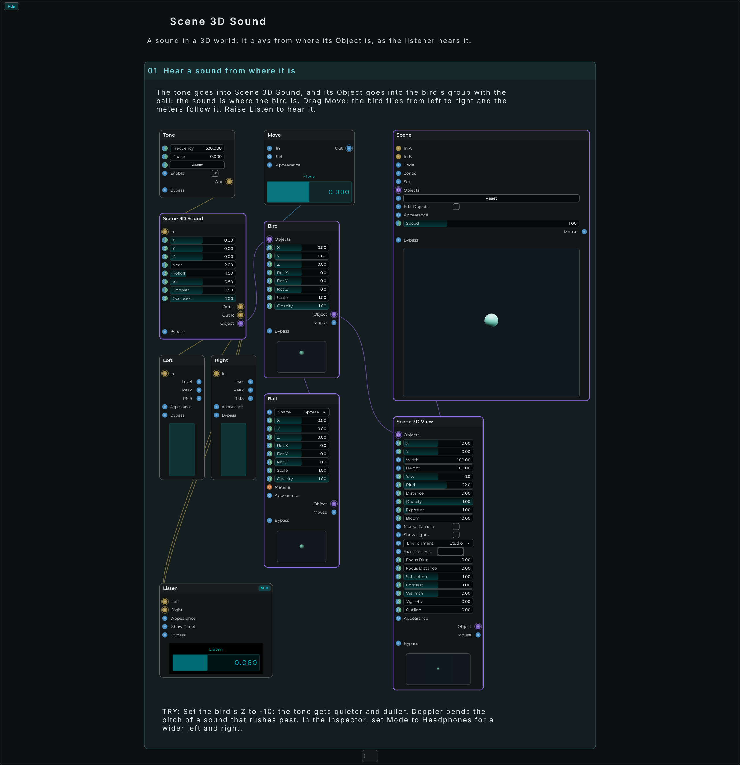 Scene 3D Sound: the connected Help example