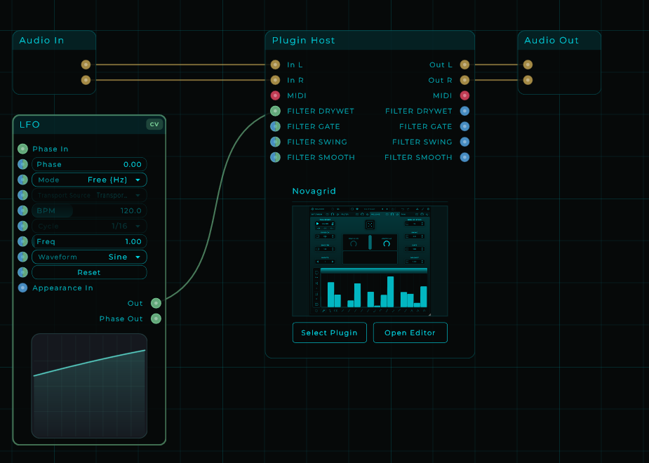 A Plugin Host node with parameters exposed as pins