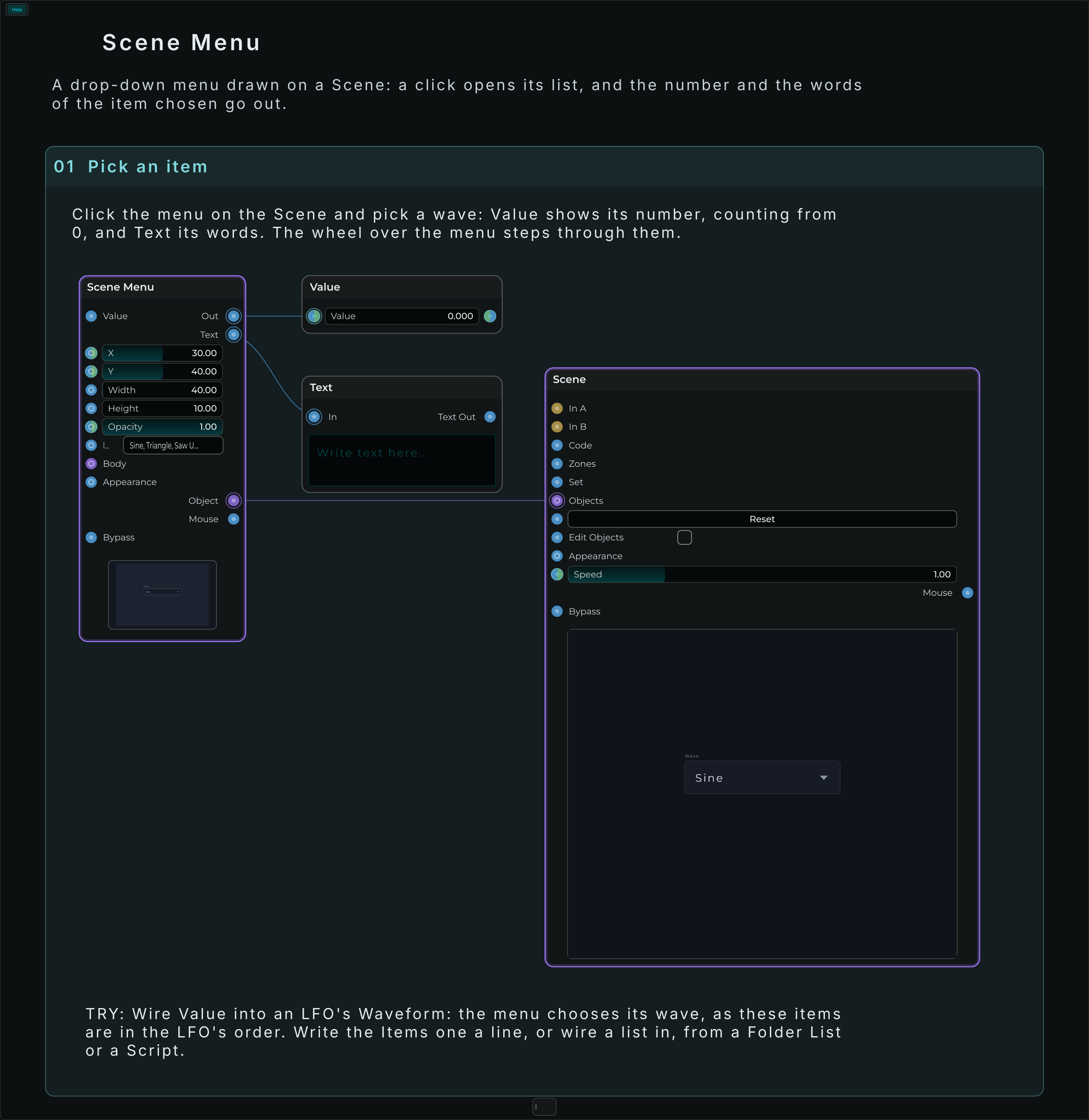 Scene Menu: the connected Help example